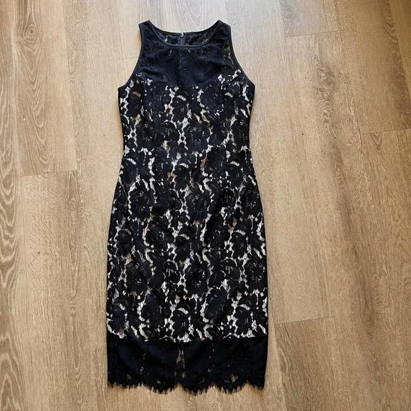 White House Black Market | Dresses | White House Black Market Size Tan Dress  With Black Lace Overlay | Poshmark